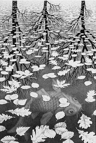 Three Worlds by M.C. Escher